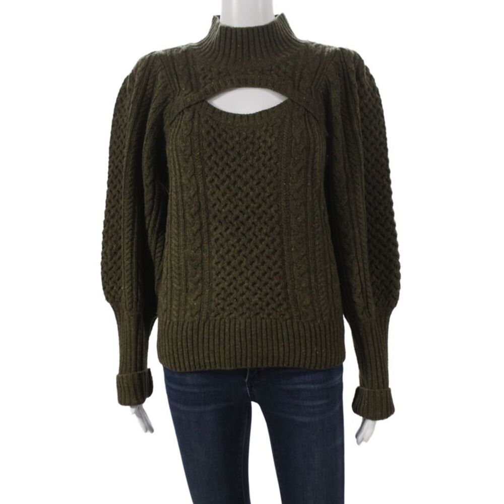 Sea Womens Pullover Sweater Green Mock Neck Merino Wool Long Sleeve Size XS